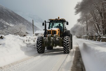 Snow-covered road transformed: Tractor plows through, erasing signs of recent snowstorm. - obrazy, fototapety, plakaty