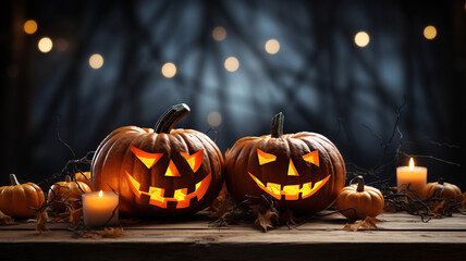 Fototapeta premium Halloween Pumpkins Glowing Jack O' Lanterns Illuminate Spooky Night Halloween Forest, Eerie Graveyard, Full Moon, Bats, Creepy Halloween Backdrop with Copy Space, Haunting Holiday Banner concept 