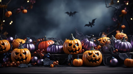 Halloween Pumpkins Glowing Jack O' Lanterns Illuminate Spooky Night Halloween Forest, Eerie Graveyard, Full Moon, Bats, Creepy Halloween Backdrop with Copy Space, Haunting Holiday Banner concept 