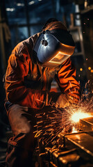 Welding work in a factory, a male welder welds steel