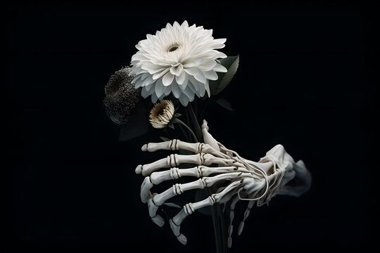 The skeleton of a human hand holds flowers on a black background. Black background, human brush, white flowers, generated by artificial intelligence