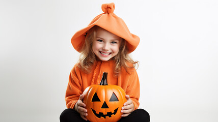 Happy Little Girl Wearing Halloween Pumpkin Costume. With Jack o Lantern in hands. White Background Having Fun Posing for a Halloween Party. Joyful Kids Smiles on October Holiday Eve. Festive costumes