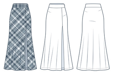 Skirt technical fashion illustration, plaid pattern. Maxi Skirt fashion flat technical drawing template, front slit, side zipper, front, back view, white, grey, women CAD mockup set.