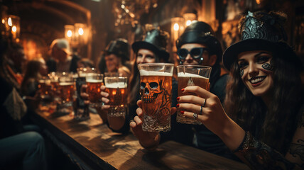 Group of Joyful Friends Drinking, Having Fun at Bar Halloween Party, Making a Toast, Cheers Alcohol Cocktails, Clinking Glasses. Festive Halloween Costumes, Jack o Lantern Pumpkin, Spooky Decor. 