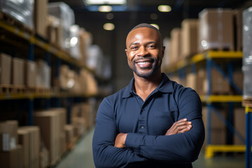 Black professional man working in logistic looking at camera in warehouse - obrazy, fototapety, plakaty