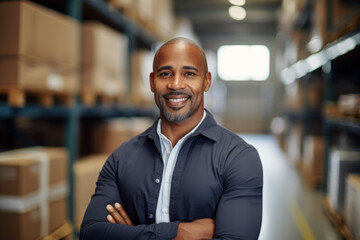 Black professional man working in logistic looking at camera in warehouse