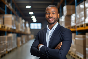 Fototapeta premium Black professional man working in logistic looking at camera in warehouse