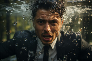 Young business man wearing a suit is drowning underwater, trapped emotions depicted or work overpressure concept image