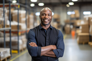 Fototapeta premium Black professional man working in logistic looking at camera in warehouse