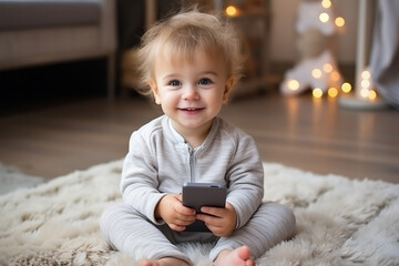 In a warm and cozy indoor space, a cute two-year-old toddler is sitting on the carpet. His holding and watching a mobile phone or tablet to play