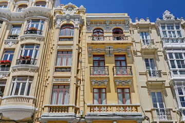 Modernist buildings on Ferrol Street, in the city of Coruna Coruna, Galicia, Spain 07262023