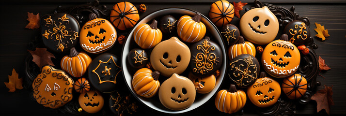 Halloween Treats Sweets and Cookies on a Dark Wooden Rustic Table background top view with Copy Space, Spooky Jack O Lanterns Pumpkins, Chocolate Candies, Holiday Party Decorations, Trick or Treat  © Syntetic Dreams