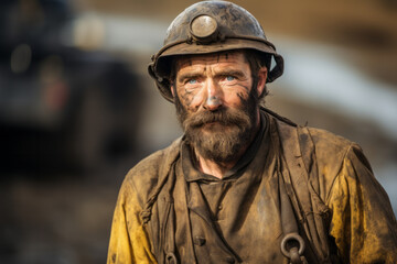 Fototapeta premium Portrait of a male miner with helmet ready to work in the mine , gold rush