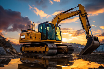 Yellow excavator halts under a stunning sunset, creating an incredibly picturesque scene.
