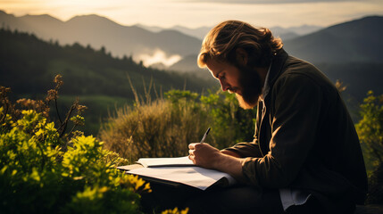 Writer or artist looking for inspiration with blank paper and natural landscape background - obrazy, fototapety, plakaty
