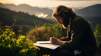  Writer or artist looking for inspiration with blank paper and natural landscape background © Keitma