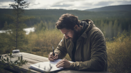 Fototapeta premium Writer or artist looking for inspiration with blank paper and natural landscape background