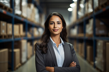 South Asian professional woman working in logistic looking at camera in a warehouse
