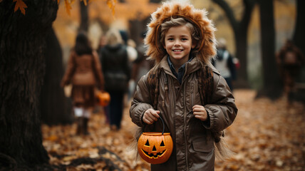 Happy Little Boy Trick or Treating. Cute  Little Child in Halloween Costume Hunting for Candiaes on October Night Outdoors. Happy Halloween concept, funny children in carnival costumes. Generative ai