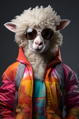 Funny photo of fashionable sheep with sunglasses and orange retro jacket