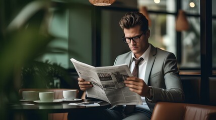 A businessman sitting at a table in a cafe drinking coffee and reading a news newspaper.