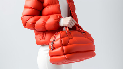 Woman holding a red puffer handbag