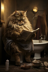 Tomcat seats on the toilet and reading the newspaper. 