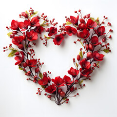 Heart of beautiful red flowers as a frame on white background. Valentine concept design