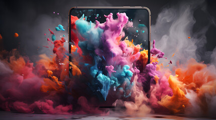 Colorful explosion of computer tablet on the abstract background