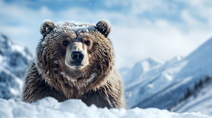 Obraz premium Brown bear stands on snowy winter landscape around mountains, generative ai