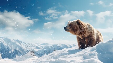 Brown bear stands on snowy winter landscape around  mountains, generative ai