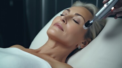 Elderly woman receiving facial hydro microdermabrasion treatment with apparatus from beautician in spa, close up portrait. Medicine, healthcare and beauty concept, generative ai