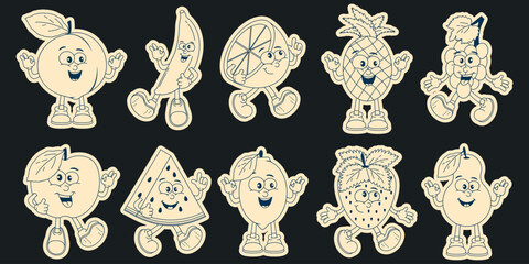 Stickers of fruit characters in retro cartoon style. Monochrome design.Vector illustration from 70s.