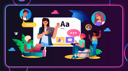 students discussing during virtual conference meeting webinar web seminar peer collaboration online education concept