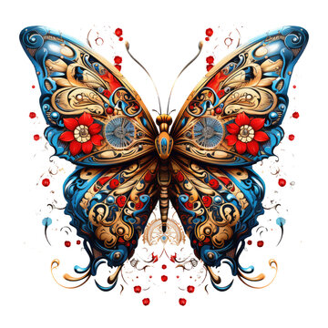 A cultural fusion butterfly t-shirt design, blending elements from various cultures and traditions, Generative Ai