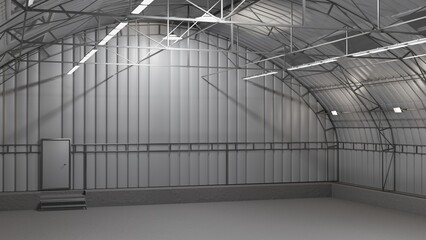 interior of a metal, steel hangar, 3d render