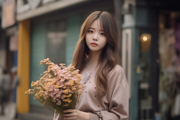 Pretty charming young woman with t shirt holding light pink flower inside road. Close up portrait of an attractive young woman holding bouquet and looking camera. Generative AI.