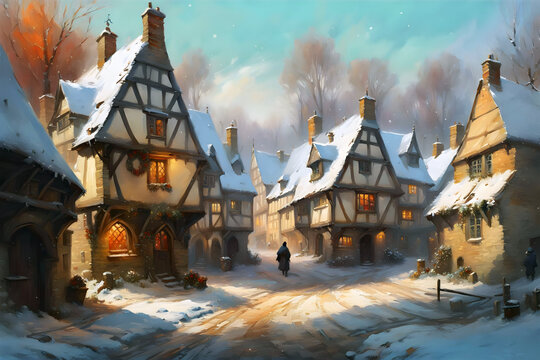 Winter Scene With Snow Falling On A Medieval Village Street With Ancient Timber Famed Houses