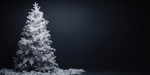White decorated Christmas tree on textured black background. New Year and Christmas background. Place for text. Minimalism. Generative ai