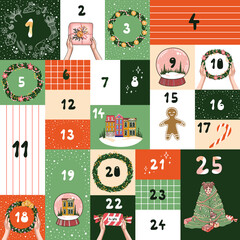 Advent calendar. New Year and Xmas poster for December. Presents. Vector.