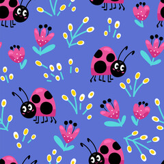 Ladybugs and flowers seamless background