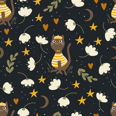 Seamless pattern with flowers and funny cats in striped clothes.  Creative kids pattern for fabric wrapping textile or apparel. Vector illustration