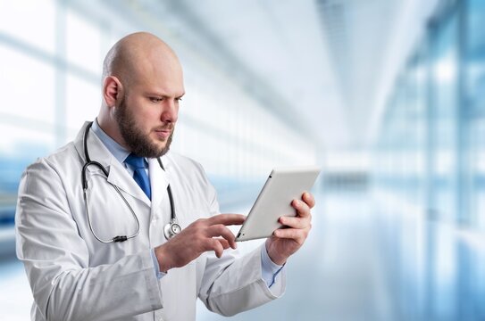 Doctor in hospital works on a digital tablet for research, AI generated image
