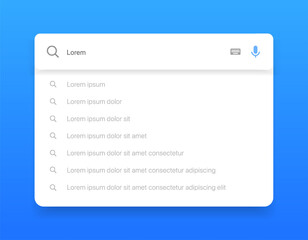 Search Bar with suggestions for UI UX design and web site. Search Address and navigation bar icon. Collection of search form templates for websites. Search engine web browser window template.