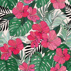 Tropical hibiscus and palm leaves seamless pattern © mirifadapt