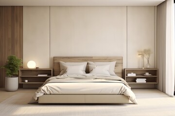 Cozy beige Japandi bedroom Interior 3D render generative ai