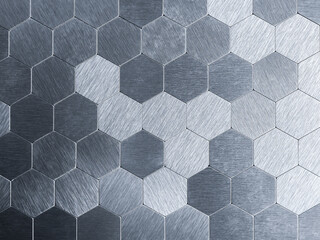 Futuristic metallic honeycomb hex mosaic wall background. Shiny geometric steel mesh cells, digital...