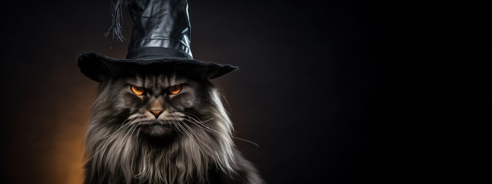 Halloween cat web banner. Gloomy angry Maine Coon cat with orange eyes in a witch's hat on a dark background
