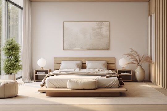Cozy beige Japandi bedroom Interior 3D render generative ai
