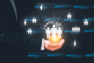 HR, recruitment, leadership team leader. Marketing target audience concept, Relationship Management with global structure Human Resources HR management recruitment employment headhunting concept